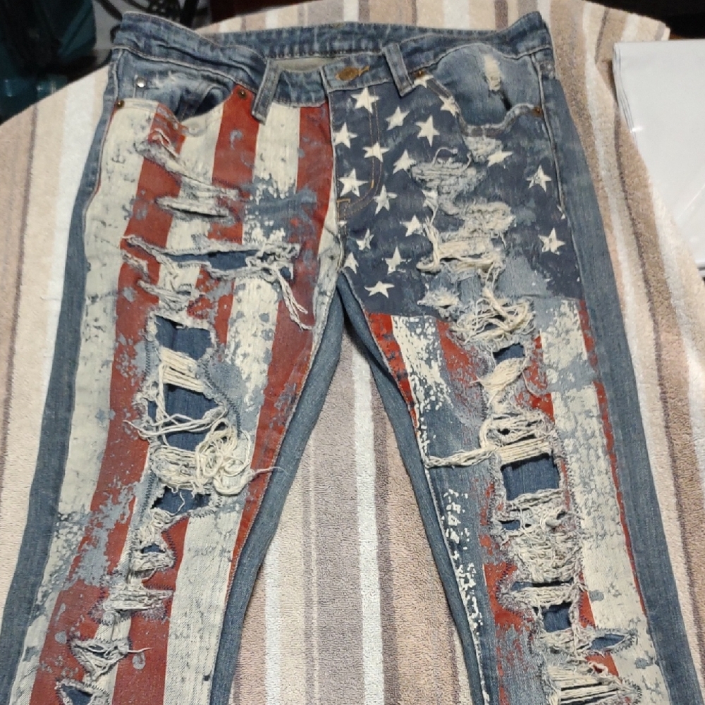 Ralph Lauren Distressed Blue Jeans Patriotic Red, White, And Blue